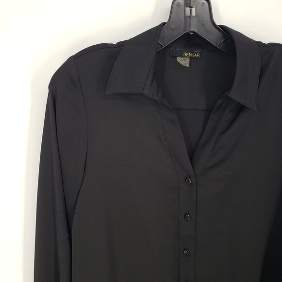 3/$25 Renuar Button Down Tunic Top Blouse XS Long Sleeves Black Collared Hi Low - Picture 5 of 6